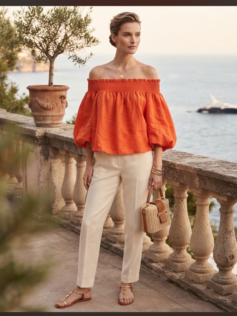Banana Republic NWT $120 Orange Off Shoulder Smocked Linen Blouse Top Size Small